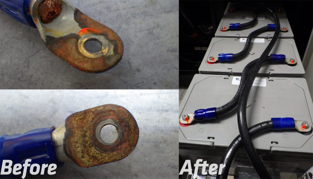 a before and after of a rusted battery connector