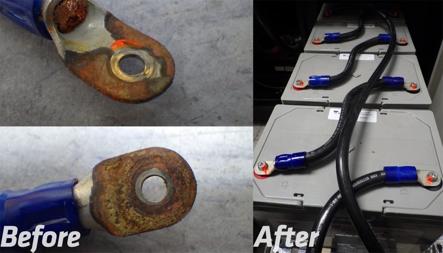a before and after of a rusted battery connector