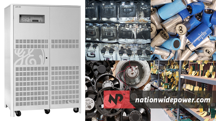 a GE SG Series 80kVA next to a collage of damaged batteries, fans, capacitors, and air filters